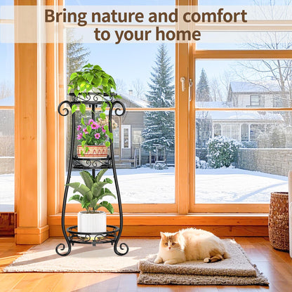 LASZOLA 3 Tier Black Metal Plant Stand for Multiple Large Planters Indoor Outdoor Organizer, Heavy Duty Tall Flower Stand for Corner Patio Bathroom Office, Modern Sturdy Vertical Iron Rack, Cat Proof