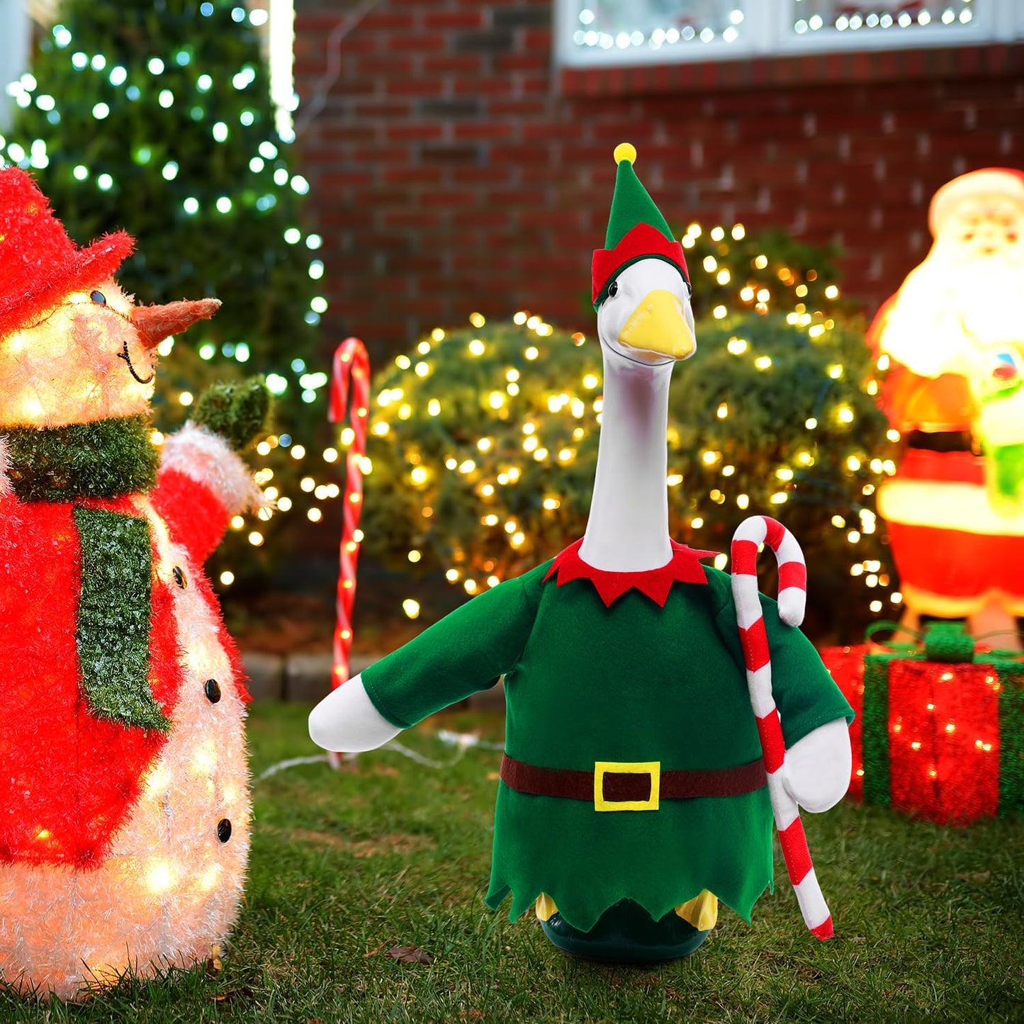 Christmas Toy Soldier Style Porch Goose Outfits,2 Pcs/Set Goose Clothes with Pointed Hat and Candy Cane Fits 23" Lawn Goose Statue,Green Christmas Outdoor Goose Costume,Yard Patio Garden Xmas Decor