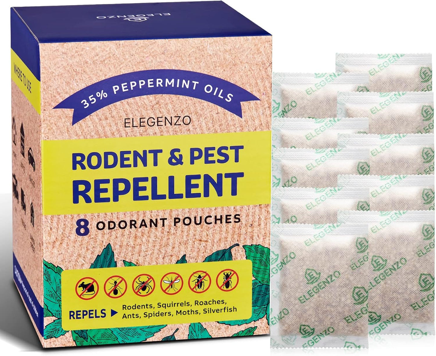 ELEGENZO Mouse Repellent Pouches with Peppermint Oil - Repels Mice, Rats, Squirrels, Roaches, Ants, Spiders, Moths - 8 Odorant Pouches