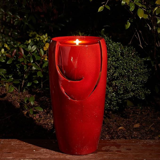 Glitzhome 29.25" H Oversized Ceramic Vase Outdoor Water Fountain Tall Patio Garden Water Fountain with LED Light and Submersible Pump Yard Art Decor, Red