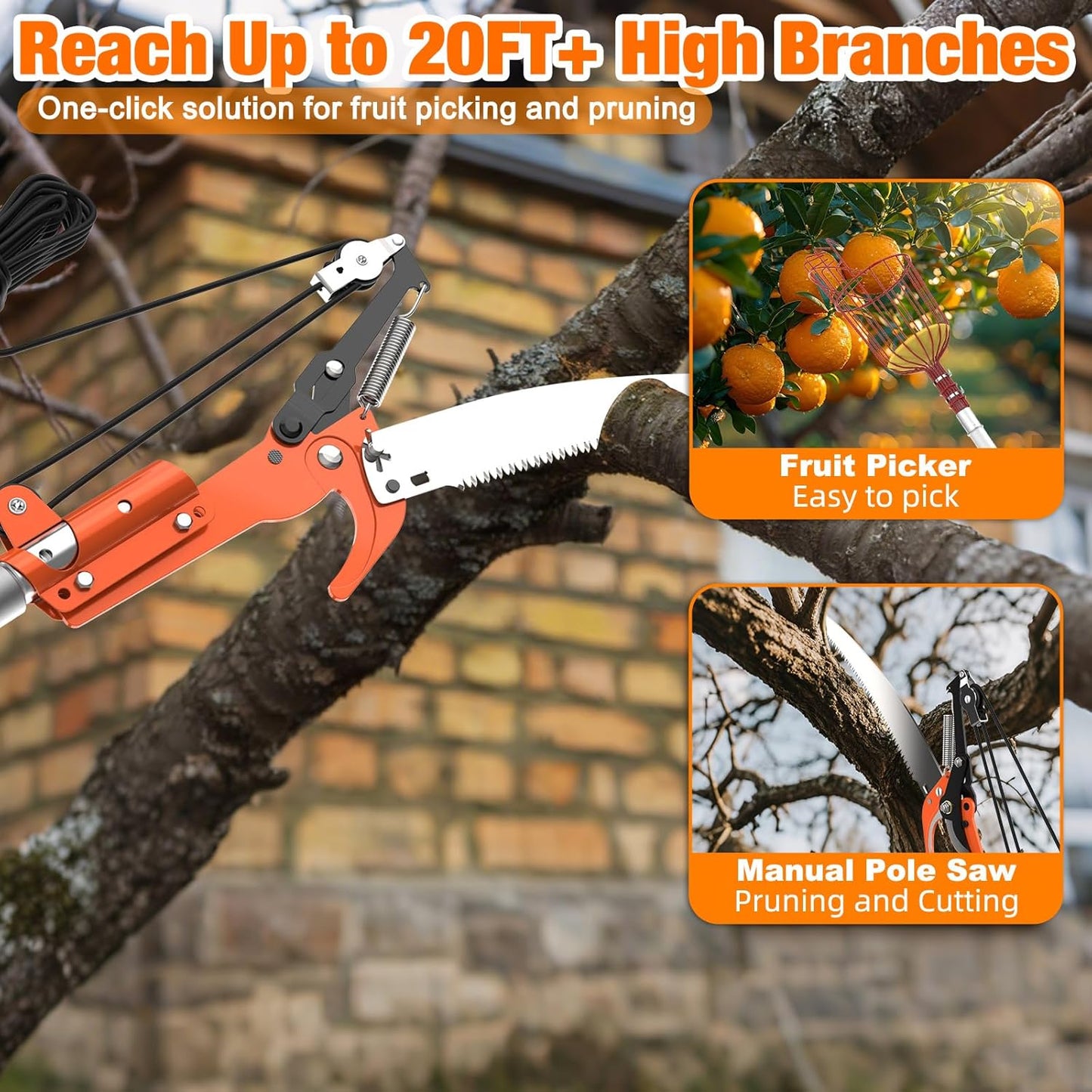 26FT Tree Trimmer, Manual Pole Saw with 5-20FT Extension Pole, Fruit Picker for Orange Lemon Mango Avocado Guava Fruit Picking