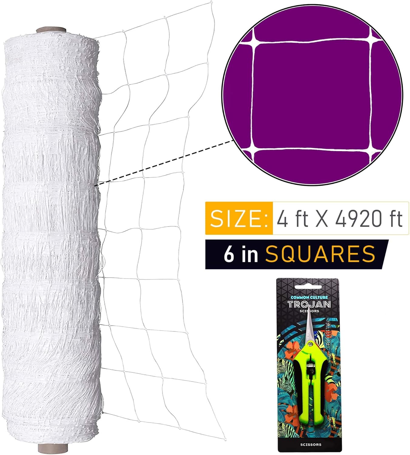 COMMON CULTURE Professional Grade Trellis Netting Bulk Roll, 4ft x 4920ft (48" x 4920' | 1.22m x 1500m), 6" (15 cm) Squares, Heavy Duty Scrog Net with Trimming Scissors