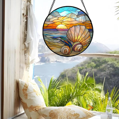 Stained Glass Window Hanging - Colorful Beach Shells Conch Sun Catcher for Door Home Decor Ocean Suncatcher Christmas Mother's Day Birthday Sea Lover Gifts for Women Men Mom Nana 7.8 in