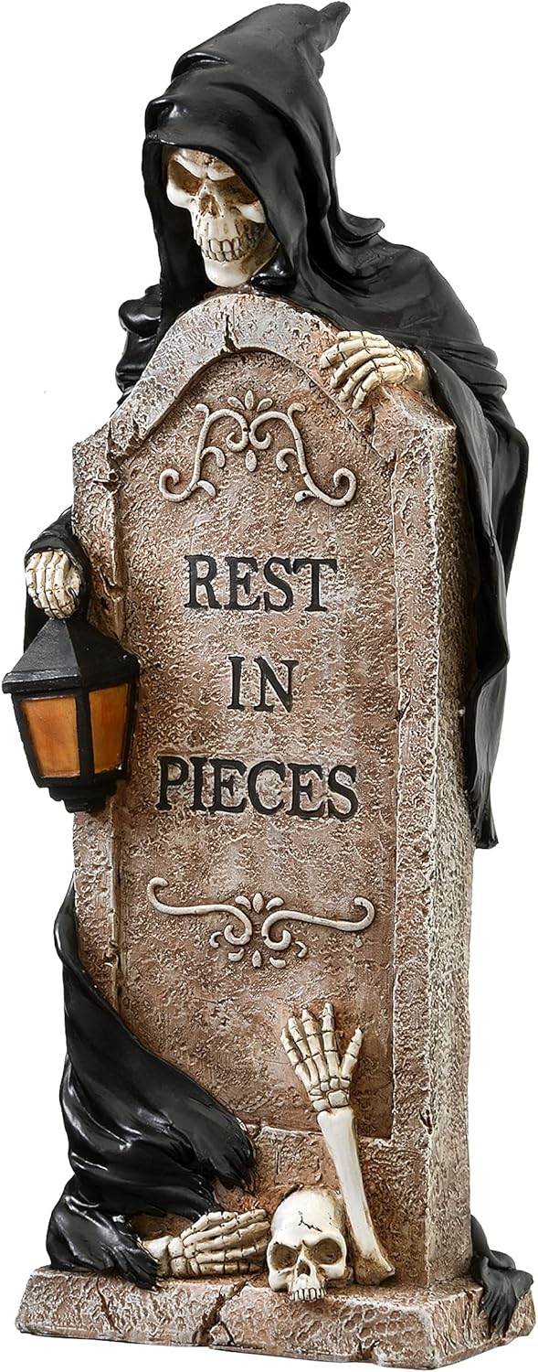 National Tree Company Skeleton Grim Reaper Standing with a Gravestone Decoration, Halloween Collection, 16 Inches