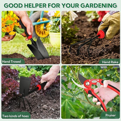 10 Pack Garden Tool Set - Carbon Steel Heavy Duty Gardening Set with Non-Slip Handles & Carry Bag Garden Hand Tools Gift for Women and Men