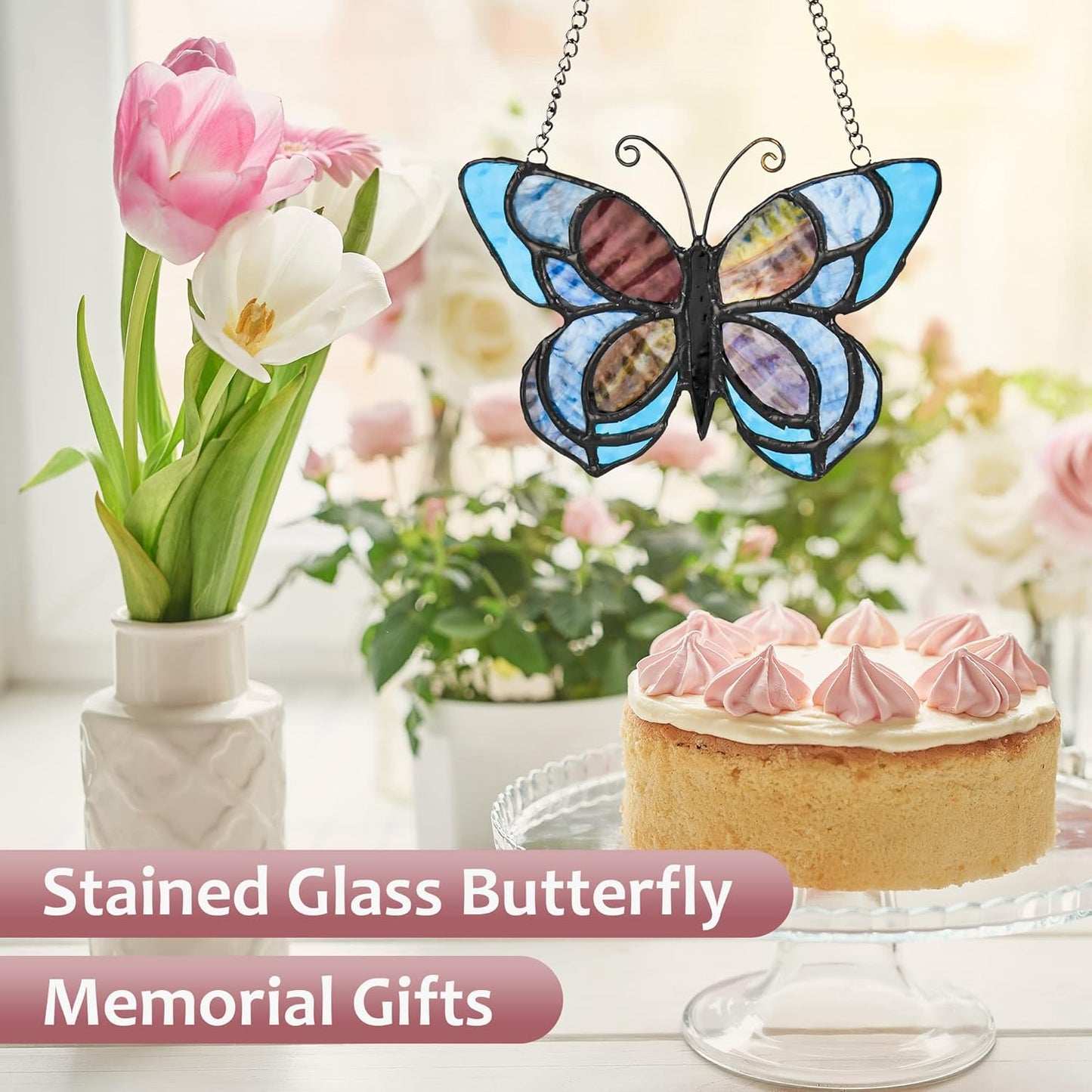 Blue Butterfly Suncatcher for Window Stained Glass Window Hanging Butterfly Gift for Mom, Women, Mother's Day