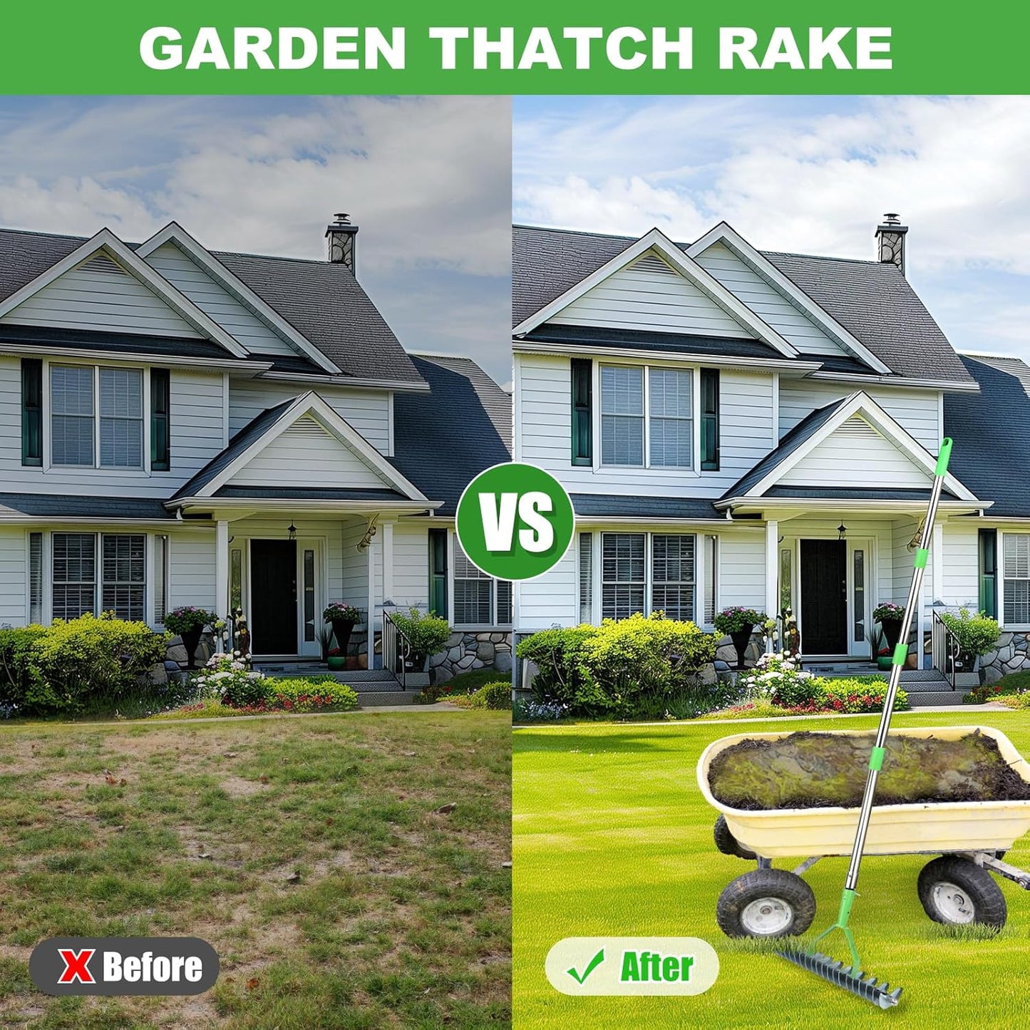 Thatch Rake, 66 Inch Long Dethatching Rake with 12.4 Inch Wide Double Sided Steel Teeth, Heavy Duty Garden Rakes with Efficient Metal Handle for Cleaning Grass, Loosening Lawn Soil