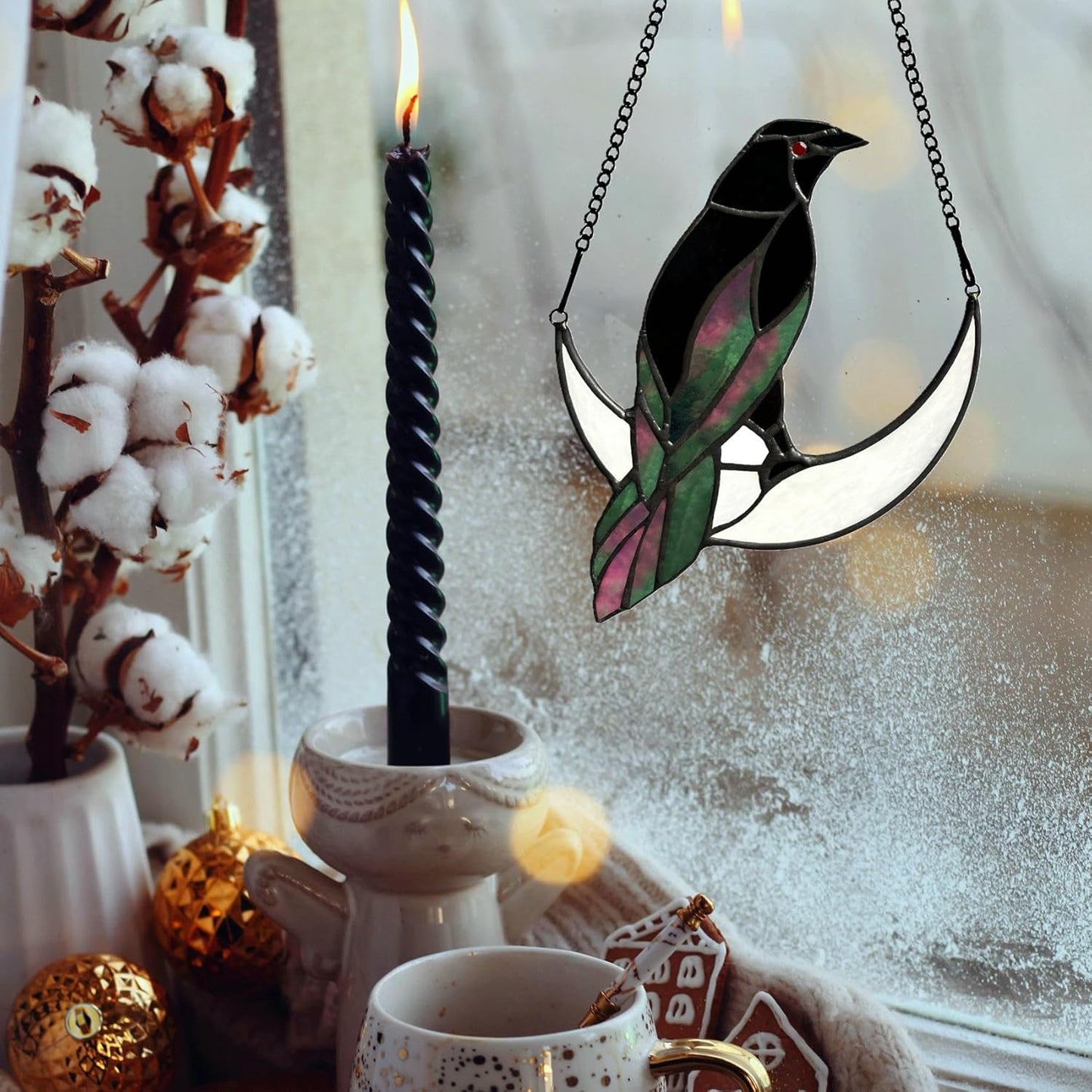 Stained Glass Crow on Moon Decor Window Hangings Ornament, Gothic Raven Suncatcher Halloween Decorations, Handmade Crow Birds Gifts Sun Catchers Indoor Window Home Decor.