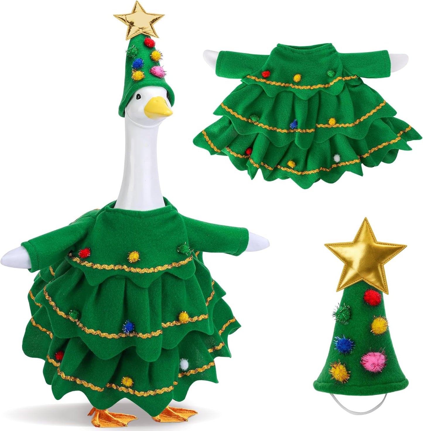Watayo 2 Pcs/Set Christmas Tree Porch Goose Outfits, Lawn Goose Statue Xmas Tree Costume, Green Christmas Garden Goose Clothes Dress and Hat for 23" High Statue Xmas Holiday Patio Yard Decor