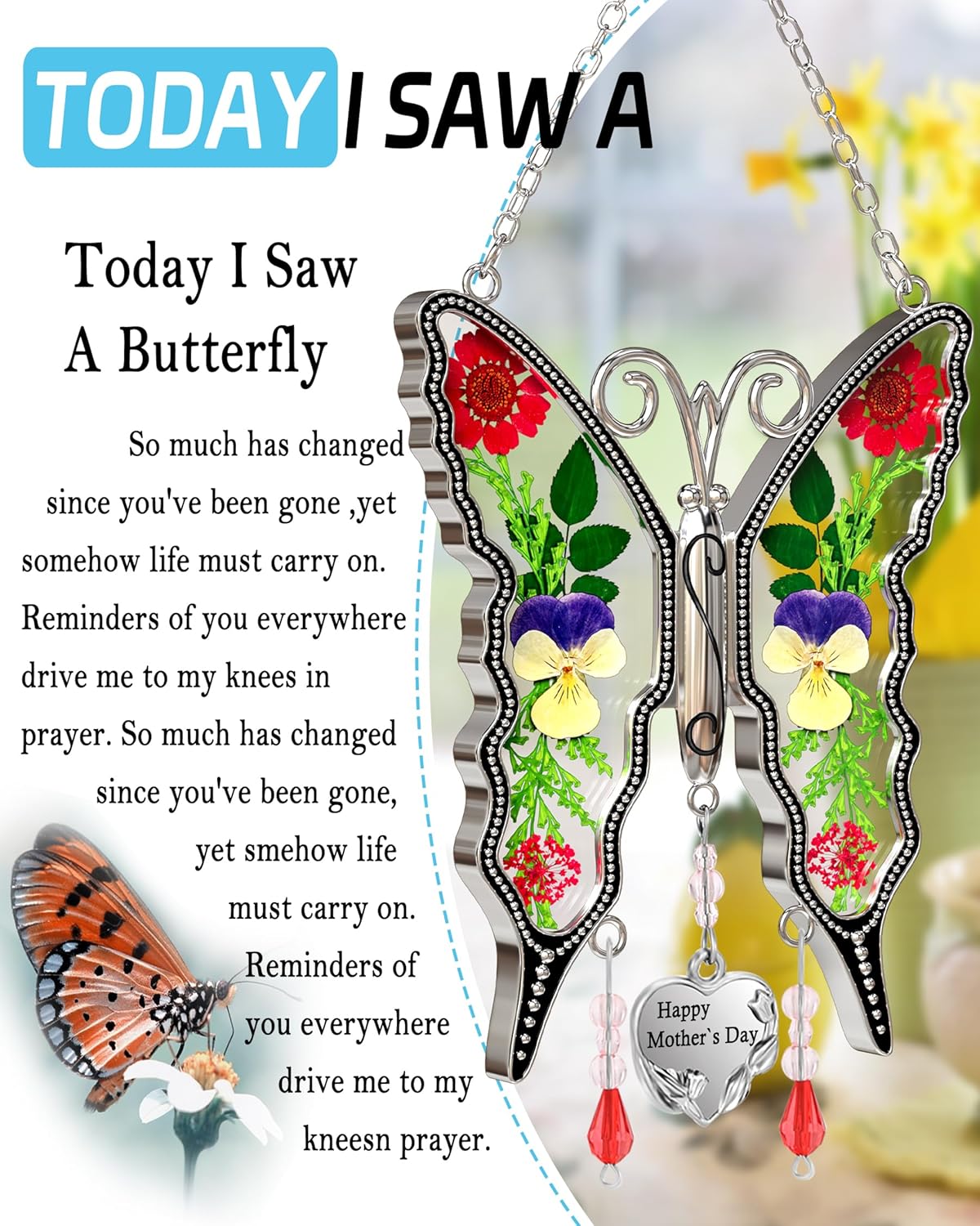 KY&BOSAM for Mom Butterfly Suncatcher Stained Glass Suncatchers for Windows Hanging Wind Chimes Home Decor with Pressed Real Flowers and Heart Charm Mother`s Day Gift for Mom Women