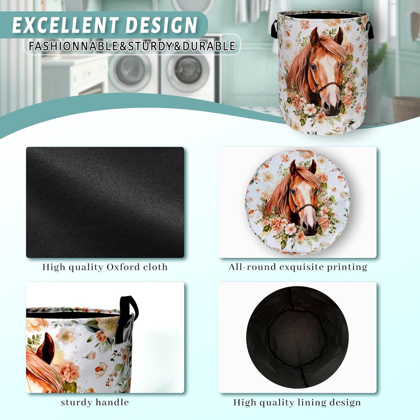 Watercolor Horse Laundry Basket Foldable With Handles Cute Animal Floral Tote Bag Oxford Cloth Colorful Laundry Hamper Clothes Toy Storage Bucket For Bathroom/Laundry/Bedroom 18.9" x 16.5 "
