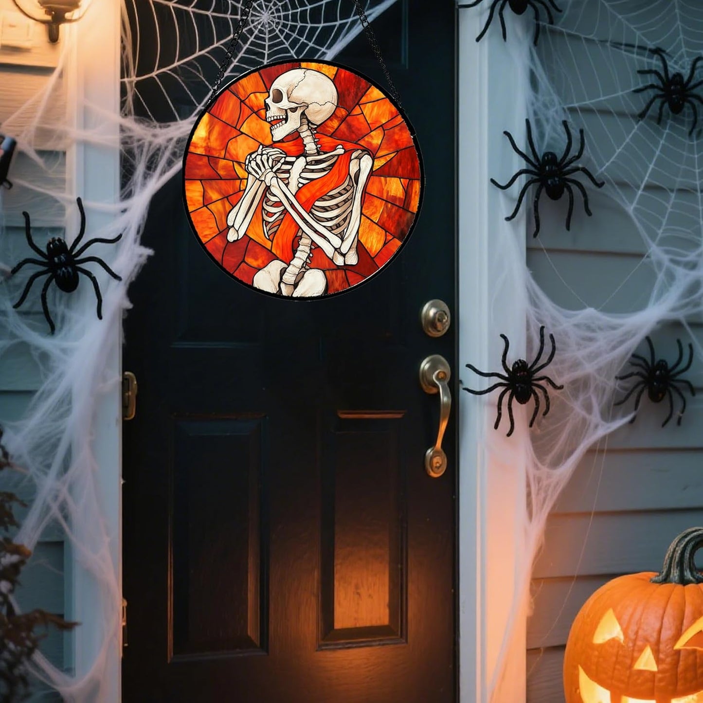 Stained Glass Window Hanging - Halloween Decorations Fear Skeleton Suncatcher for Doors Garden Indoor Spooky Funny Sun Catchers Gothic Decor Horror Gifts for Women Men Friend 6.3 in