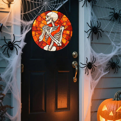 Stained Glass Window Hanging - Halloween Decorations Fear Skeleton Suncatcher for Doors Garden Indoor Spooky Funny Sun Catchers Gothic Decor Horror Gifts for Women Men Friend 7.8 in