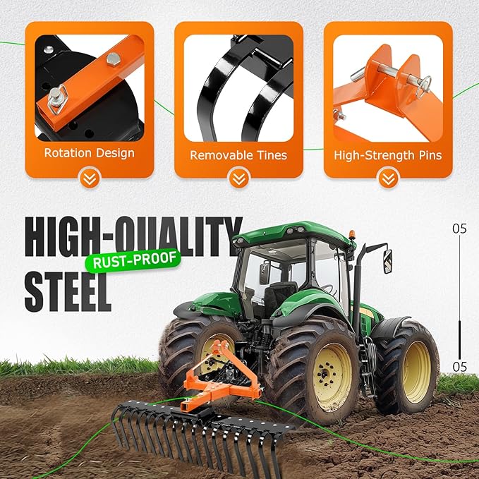 KUAFU 50" 3 Point Landscape Rock Rake for Category-0 Cat-0 Tractor with 360° Rotation Replaceable Spring Tines and Pin Hitch Rock Attach Rake Tow Behind Dethatcher for Garden Lawn Care, Farm, Grass