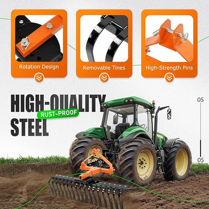 KUAFU 50" 3 Point Landscape Rock Rake for Category-0 Cat-0 Tractor with 360° Rotation Replaceable Spring Tines and Pin Hitch Rock Attach Rake Tow Behind Dethatcher for Garden Lawn Care, Farm, Grass