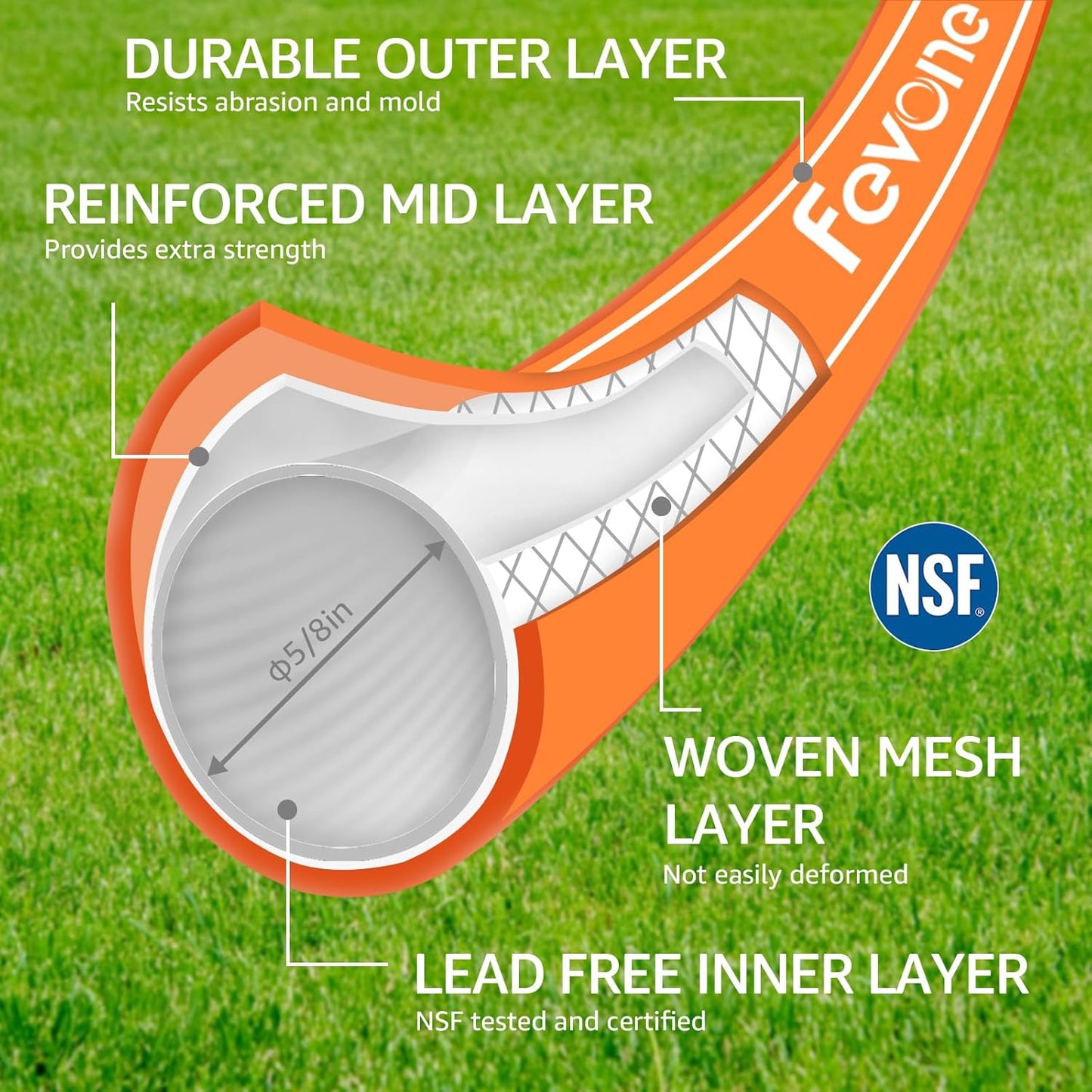 Fevone 50 ft x 5/8" Heavy Duty Garden Hose, Drinking Water Safe, Flexible & Kink-Free Hybrid Polymer Water Hose, Lightweight Outdoor Hose with 3/4" Solid Aluminum Fittings