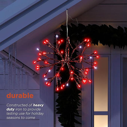 Alpine Corporation 10" H Indoor Christmas Twig 3D Hanging Snowflake Ornament with LED Lights, Red, Christmas Decoration