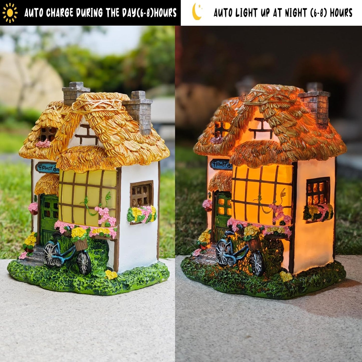 Prospect Thatched Cottage, Solar Statue Lights Mushroom Fairy House, Garden House Statues, Outdoor Memorial Ornaments Waterproof Decoration for Outside Patio Yard Lawn Decor