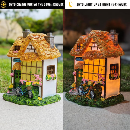 Prospect Thatched Cottage, Solar Statue Lights Mushroom Fairy House, Garden House Statues, Outdoor Memorial Ornaments Waterproof Decoration for Outside Patio Yard Lawn Decor