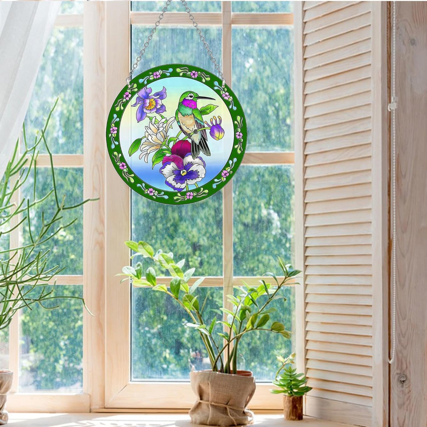 Hummingbird Stained Glass Suncatcher Round, Window Hanging with Chain & Hook, Gift-Boxed Floral Bird Window Decor, Gift for Mom & Grandma (8.6in)