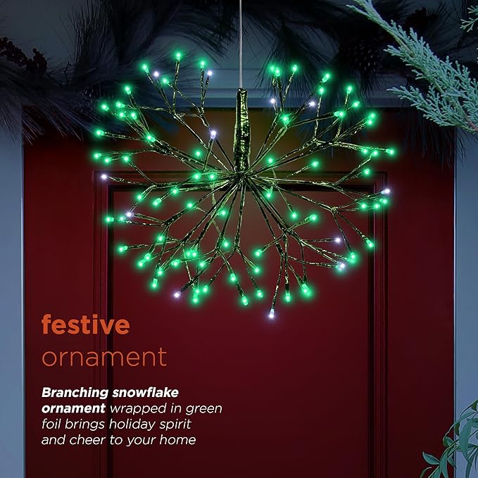 Alpine Corporation 16"H Indoor Holiday 3D Snowflake Hanging Ornament with LED Lights, Green , Christmas Decoration
