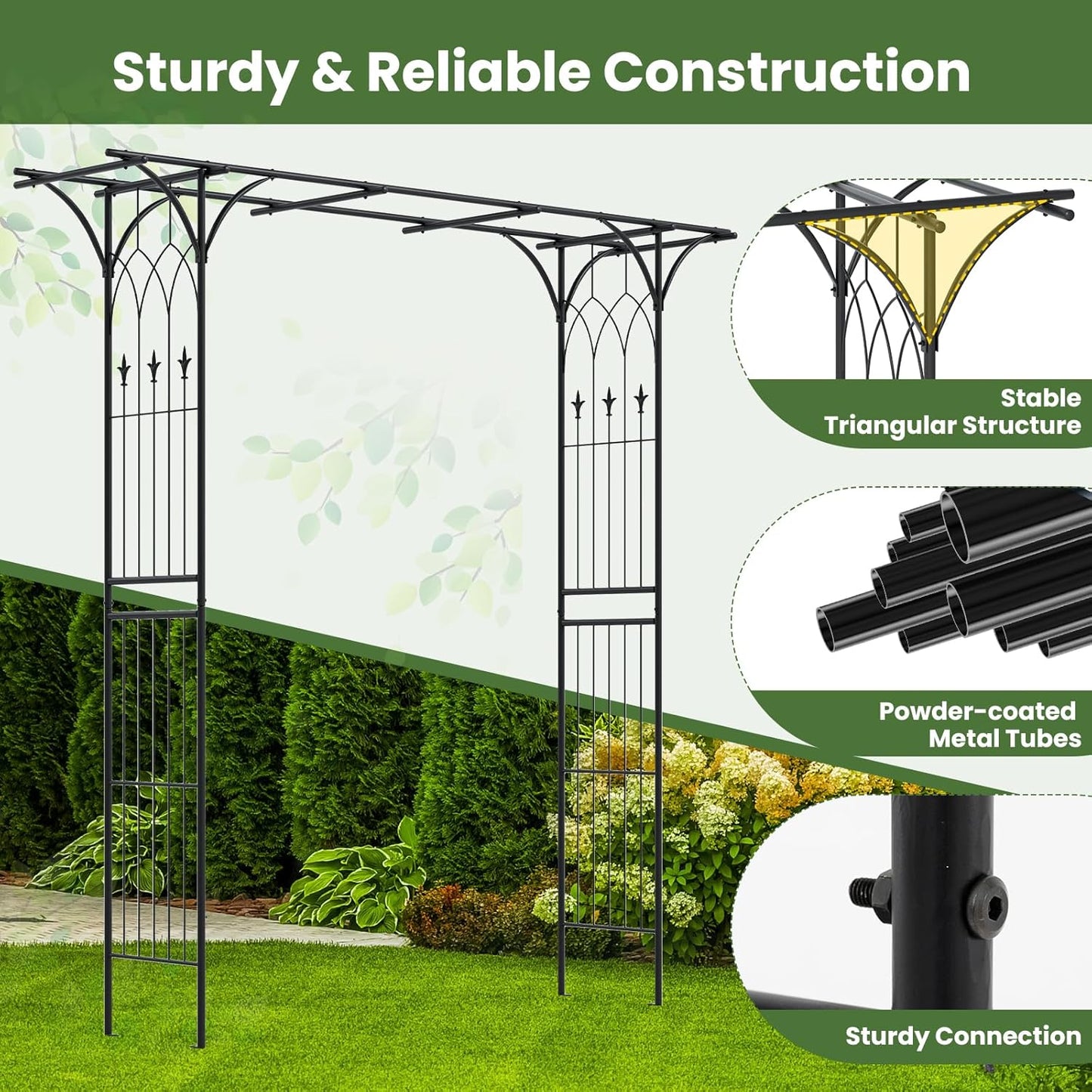 Giantex Metal Garden Arbor with Trellis, 81" Outdoor Arch for Climbing Plants, Heavy-Duty Rust-Resistant Steel Archway with 4 Stakes for Garden, Wedding, Party, and Yard Decoration, Black