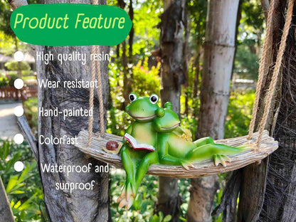 Artisan Flair Hanging Swing Frog Statues - Frog Statues for Garden Outdoors, Reading Book Frog Figurine, Resin Couple Decor for Garden, Balcony, Tree Decoration