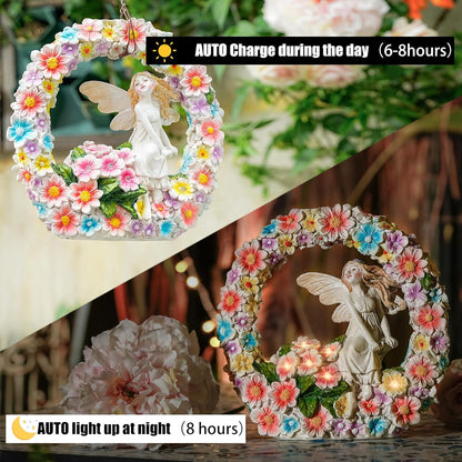 Garden Whimsical Gnome and Bulldog Statue Delightful Garden Decoration with Solar Light Gifts for Yard, Patio Decor (Flower Angel)
