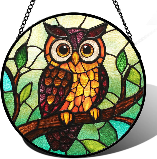 Stained Glass Window Hanging - Owl on a Branch Suncatcher for Doors Window Home Orange Brown Sun
