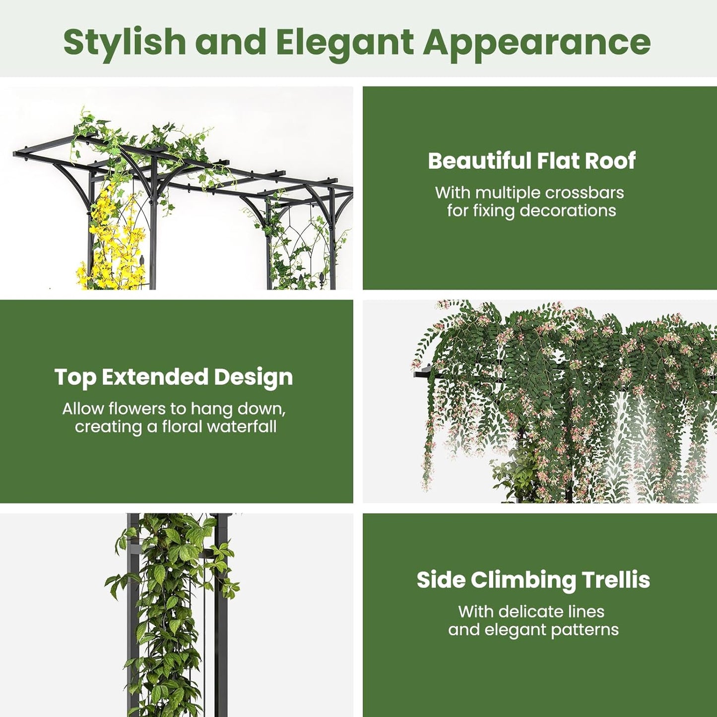 Moccha Garden Arbor, 6.8FT Metal Arbor Trellis for Climbing Plants, Roses, Vines, Outdoor Pergola with Trellises & Extended Roof, Garden Arch for Wedding Ceremony Decoration Lawn Patio Archway