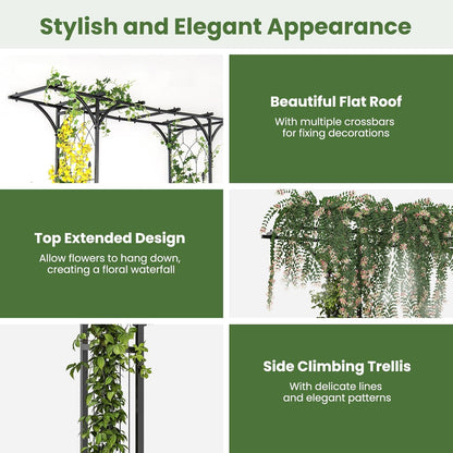Moccha Garden Arbor, 6.8FT Metal Arbor Trellis for Climbing Plants, Roses, Vines, Outdoor Pergola with Trellises & Extended Roof, Garden Arch for Wedding Ceremony Decoration Lawn Patio Archway