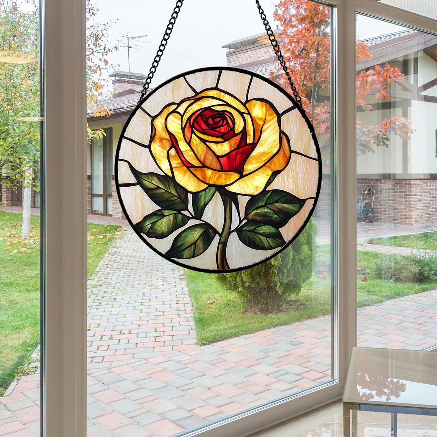 Stained Glass Window Hanging - Elegant Yellow Rose Flower Sun Catcher for Door Garden Home Decor Suncatcher Christmas Mother's Day Birthday Gifts for Women Mom Girl Nana Friend 15 in