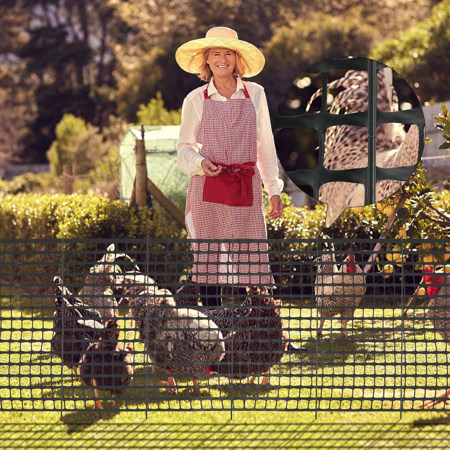Plastic Garden Fencing Roll Safety Construction Barrier Outdoor Snow Mesh Fence Garden Netting, 1.2 Inch Mesh, Coated Iron Wire Support Stakes, Cable Ties for Garden (Black, 2 x 50 Feet)