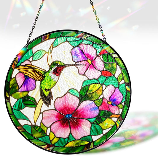 7.8" Hummingbird Stained Glass Suncatcher, Bird Suncatcher for Window Hanging, Art Decor for Home