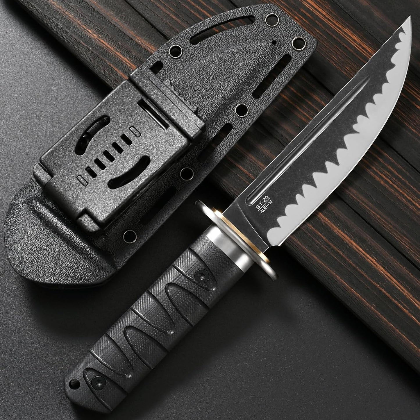 Sitivien ST29 Fixed Blade Knife, AUS-10 Steel Blade G10 Handle Full Tang Bowie Knife for Outdoor Camping Hunting Fishing Working(Black)