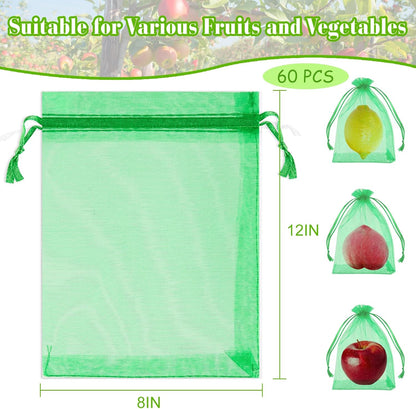 Morcheiong 60Pcs Protection Bags 8" x 12", Reusable Netting for Fruit Trees, Garden Mesh With Drawstring (Dark Green), M1076MCHYB