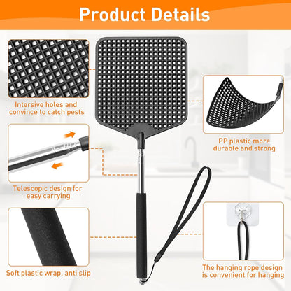 Telescopic Fly Swatters 2 Pack, Premium Plastic Flyswatter, Fly Swatter Heavy Duty for Indoor, Outdoor, Classroom, Stainless Steel Handle（Black）