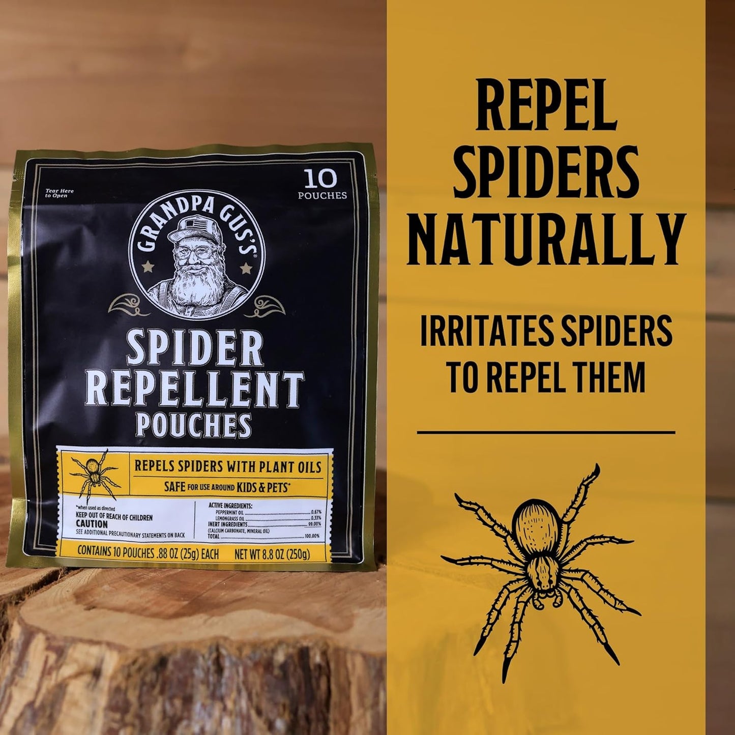 Grandpa Gus's Natural Spider Repellent Pouches, Peppermint and Lemongrass Oil Blend for Indoor Pest Control, Safe for Home, RV, Garage, Basement (10 Pouches)