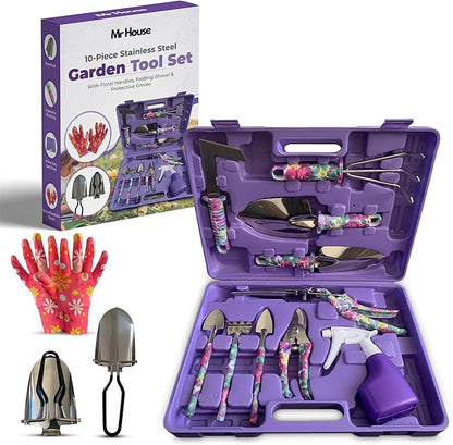 10 Piece Stainless Steel Garden Tool Set with Molded Carrying Case – Heavy Duty Gardening Tools for Women & Men Ergonomic Handles, Rust-Resistant Hand Tools with Folding Shovel, Gloves & Spray Bottle