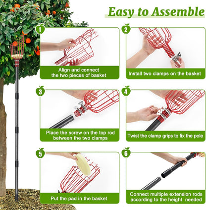 Fruit Picker, Fruit Picker Pole with Basket Extendable Long Handle, Easy to Assemble & Use Fruits Picker Tool for Orange Lemon Apple Mango Avocado (13FT)