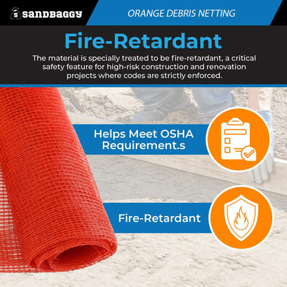 Sandbaggy Fire Resistant Debris & Safety Netting | Orange Construction HDPE Mesh (75, 4 ft x 150 ft)