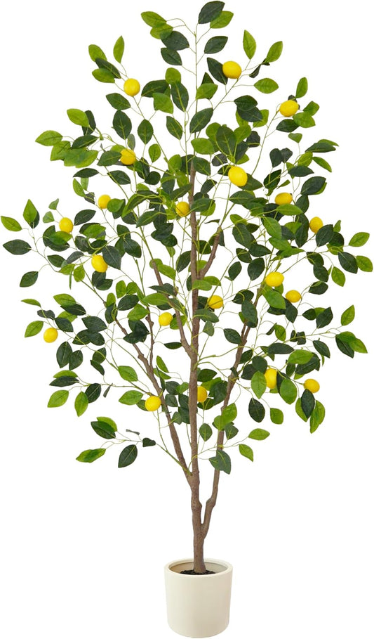 Artificial Lemon Tree, 6ft Tall Floor Faux Lemon Plastic Plant with White Planter, Fake Lemon Fruit Silk Tree for Indoor Home Decor Office Living Room