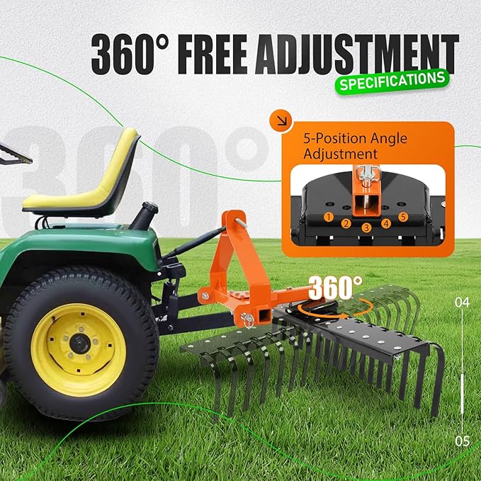 KUAFU 50" 3 Point Landscape Rock Rake for Category-0 Cat-0 Tractor with 360° Rotation Replaceable Spring Tines and Pin Hitch Rock Attach Rake Tow Behind Dethatcher for Garden Lawn Care, Farm, Grass
