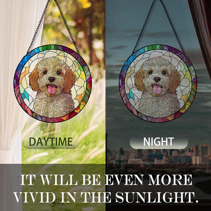 Cockapoo Dog Suncatcher Stained Glass Garden Window Hanging, Cockapoo Gifts Sun Catchers Indoor Window Glass Round Wall Decor, Dog Wall Art Hanging Decorations, ＂7.8x7.8＂