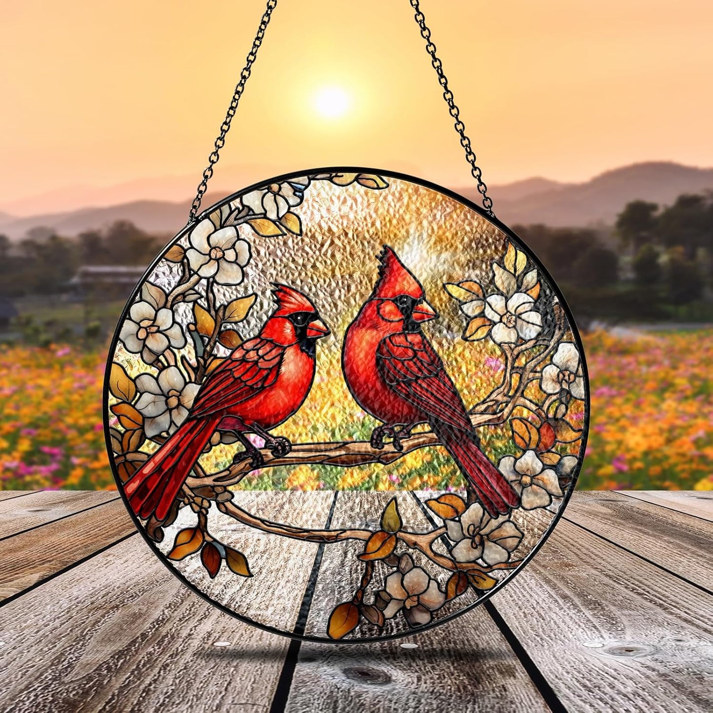 7.8" Cardinals Stained Glass Suncatcher, Red Birds Suncatcher for Window Hanging, Decor for Home Garden Housewarming, Cardinal Gift for Women, Girl, Mom, Grandma, Friend BIRD-41B-SG8