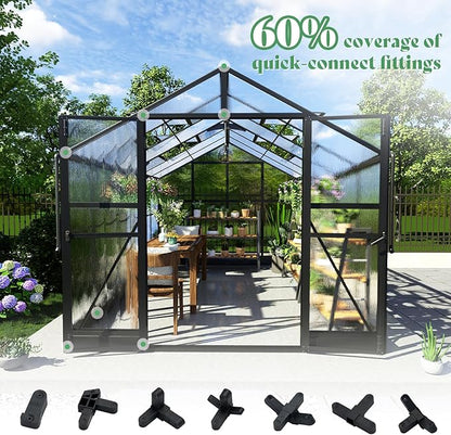 AMERLIFE 8x12x7FT Polycarbonate Greenhouse, Walk in Greenhouse with Quick-Connect System, Green House with 4 Vent Windows and Swing Lockable Door, Greenhouses for Outdoors, Sunroom Black