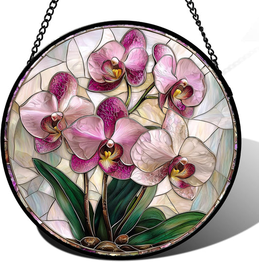 Stained Glass Window Hanging - Pink Purple Phalaenopsis Flowers Sun Catcher for Door Home Decor