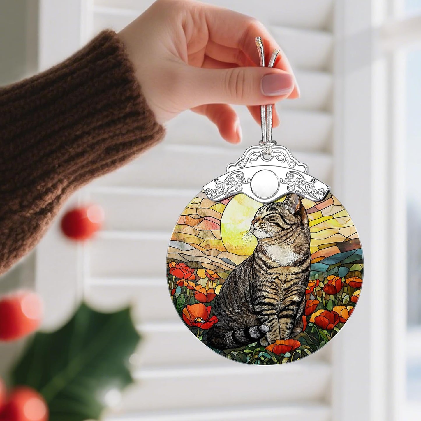 Stained Glass Ornament, Christmas Ornaments, Christmas Decorations for Tree, Holiday Ornament, Gifts for Cat Lovers, Holiday Party Gifts, Gift Ideas & Xmas Gift - Cat