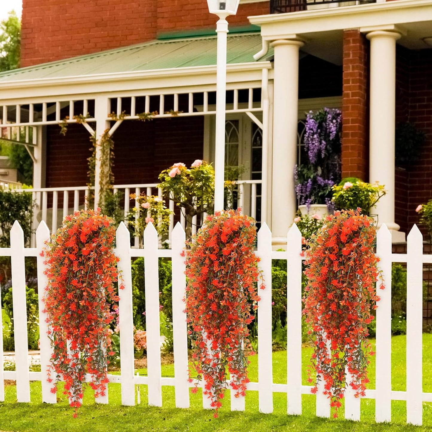 6 Pcs Artificial Fall Hanging Flowers Outdoor Silk Mum Plants Autumn Decor Faux Violet with Eucalyptus Realistic UV Resistant Trailing Vine Thanksgiving Porch Yard(Fresh Color,Plastic Style)