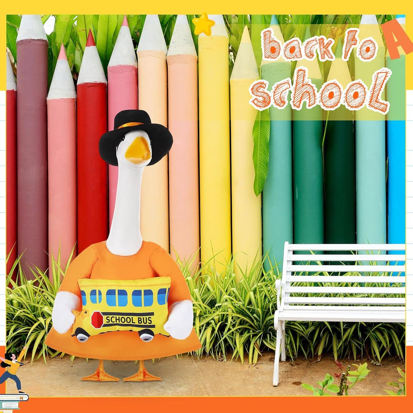 2 Pcs Porch Goose Outfit Halloween Geese Crayon Bus Teacher Cosplay Clothes for 23" Lawn Cement Goose Halloween Garden Patio Yard Outdoor Decorations(School Bus)